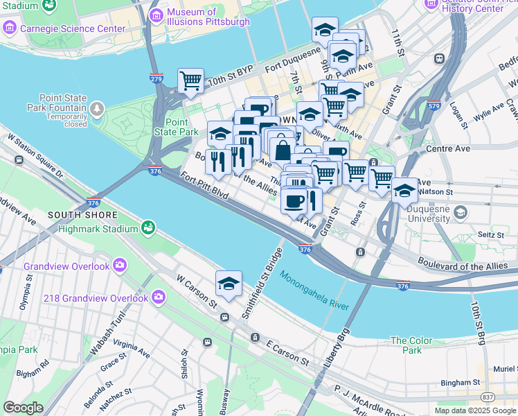 map of restaurants, bars, coffee shops, grocery stores, and more near 7 Wood Street in Pittsburgh