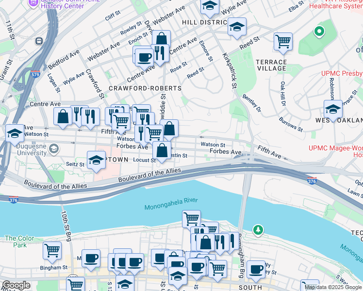 map of restaurants, bars, coffee shops, grocery stores, and more near 1929 Tustin Street in Pittsburgh