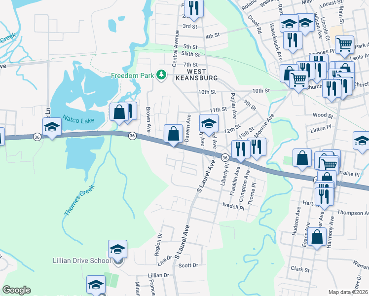 map of restaurants, bars, coffee shops, grocery stores, and more near 2 Robin Rd in Keansburg
