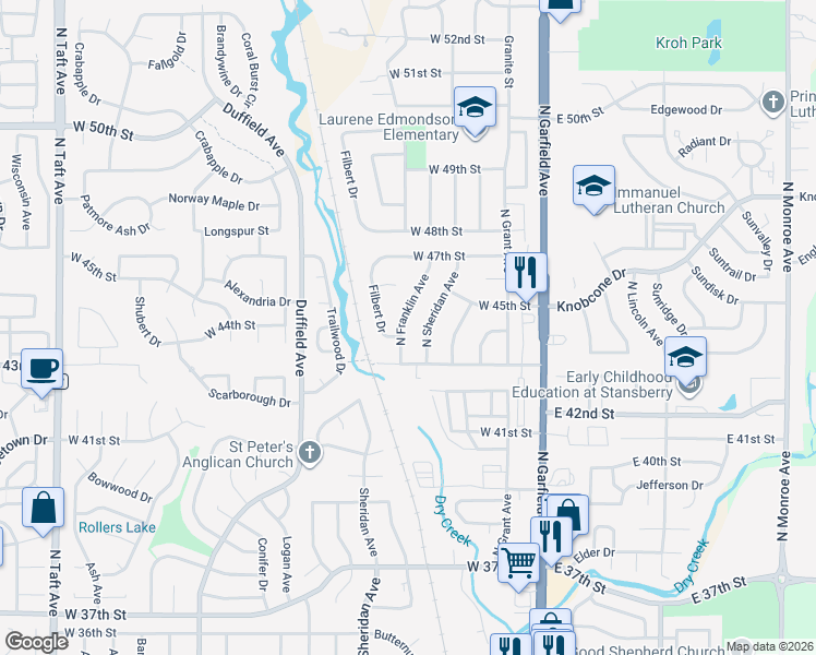 map of restaurants, bars, coffee shops, grocery stores, and more near 4354 North Franklin Avenue in Loveland