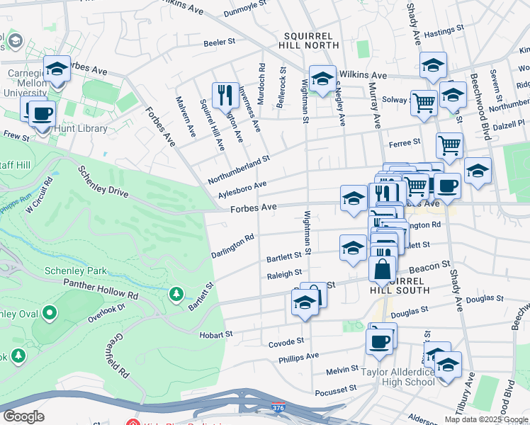 map of restaurants, bars, coffee shops, grocery stores, and more near 5505 Darlington Road in Pittsburgh