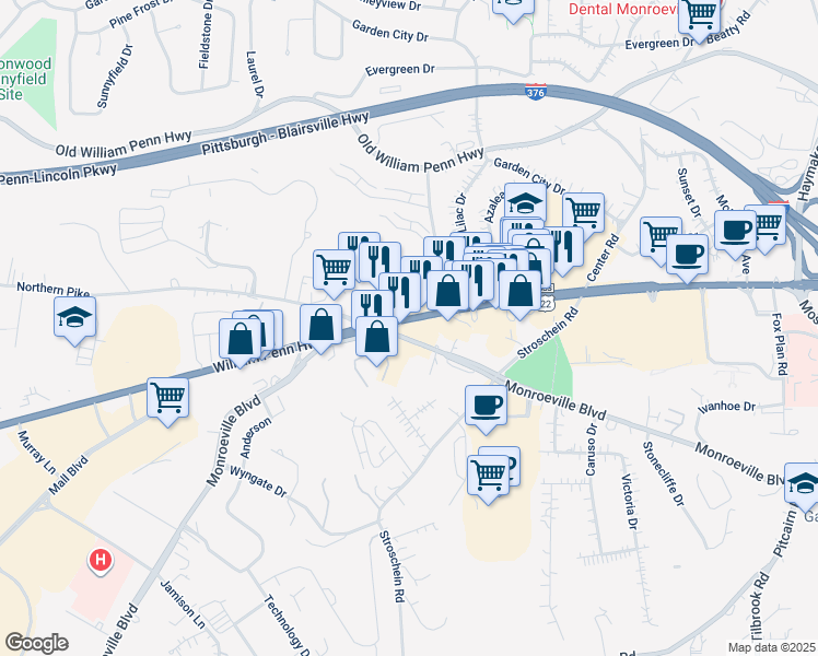 map of restaurants, bars, coffee shops, grocery stores, and more near 3948 Monroeville Boulevard in Monroeville