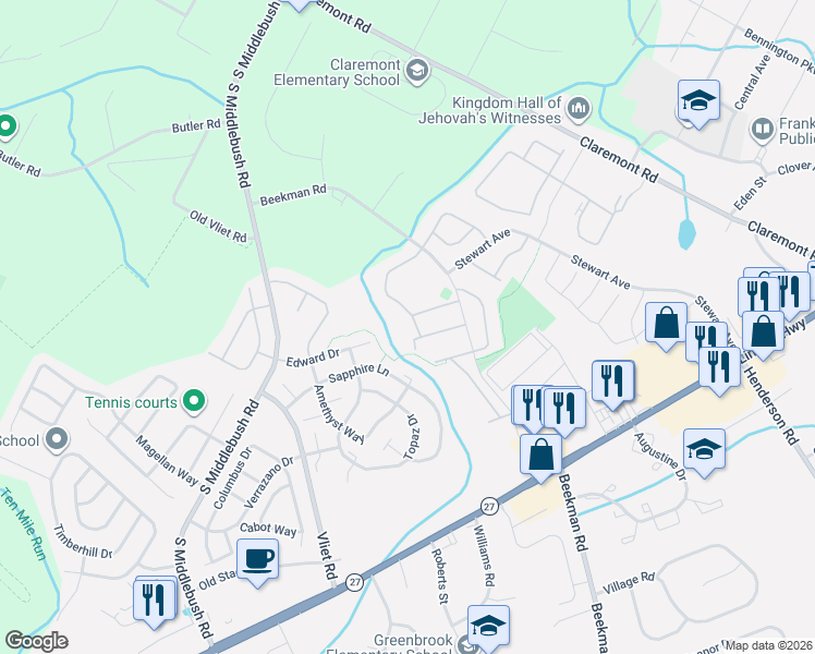 map of restaurants, bars, coffee shops, grocery stores, and more near 111 Lindsey Court in Franklin Township