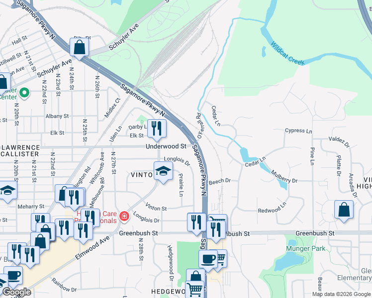 map of restaurants, bars, coffee shops, grocery stores, and more near 3114 Longlois Drive in Lafayette