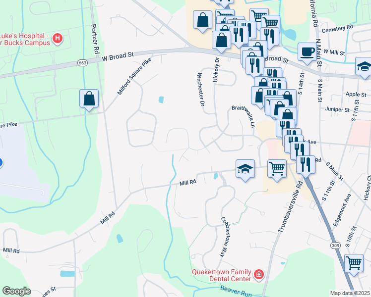 map of restaurants, bars, coffee shops, grocery stores, and more near 15 Fairway Court in Quakertown