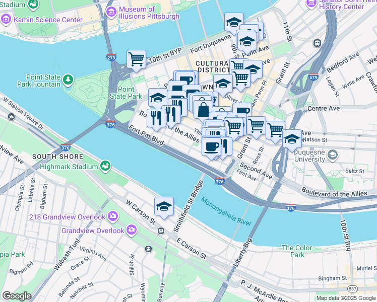map of restaurants, bars, coffee shops, grocery stores, and more near in Pittsburgh