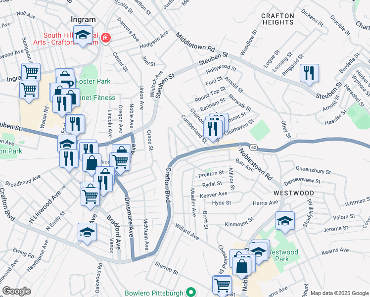 map of restaurants, bars, coffee shops, grocery stores, and more near 1 Lawson Avenue in Pittsburgh