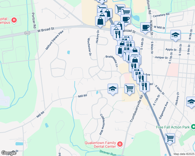 map of restaurants, bars, coffee shops, grocery stores, and more near 83 Dewsbury Lane in Quakertown