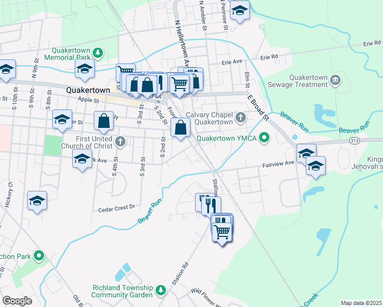 map of restaurants, bars, coffee shops, grocery stores, and more near 38 Beaver Run Drive in Quakertown