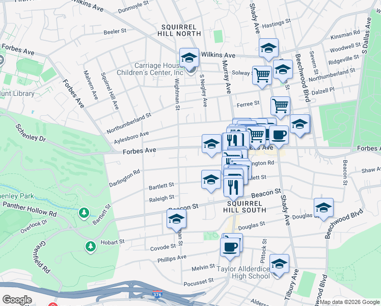 map of restaurants, bars, coffee shops, grocery stores, and more near 5645 Darlington Road in Pittsburgh