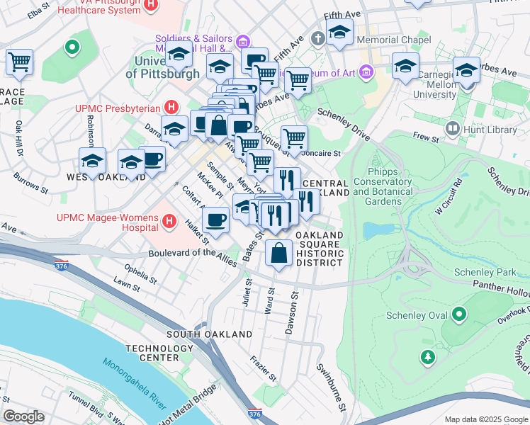 map of restaurants, bars, coffee shops, grocery stores, and more near in Pittsburgh