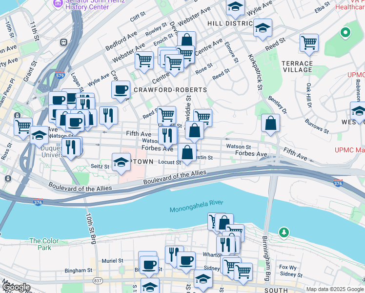 map of restaurants, bars, coffee shops, grocery stores, and more near 302 Miltenberger Street in Pittsburgh