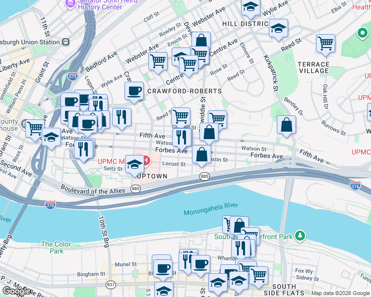 map of restaurants, bars, coffee shops, grocery stores, and more near 302 Miltenberger Street in Pittsburgh