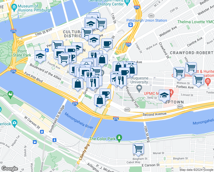 map of restaurants, bars, coffee shops, grocery stores, and more near 564 Forbes Avenue in Pittsburgh