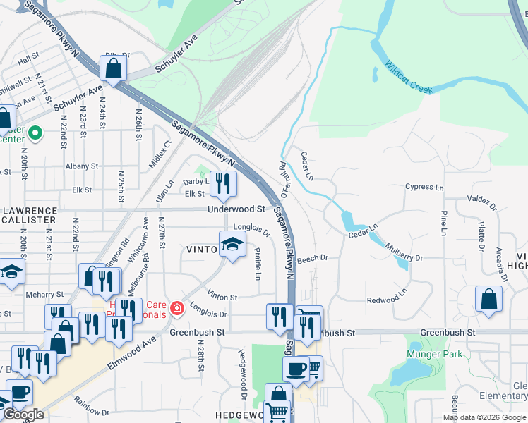map of restaurants, bars, coffee shops, grocery stores, and more near 3114 Longlois Drive in Lafayette