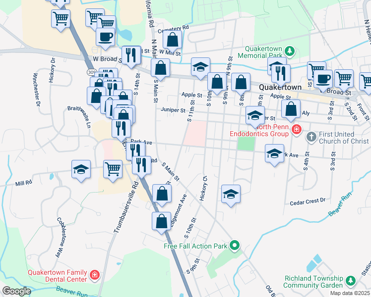map of restaurants, bars, coffee shops, grocery stores, and more near 201 South 11th Street in Quakertown