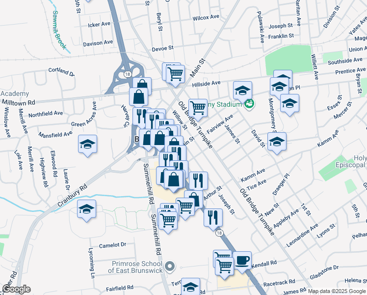 map of restaurants, bars, coffee shops, grocery stores, and more near 191 Joseph Street in East Brunswick