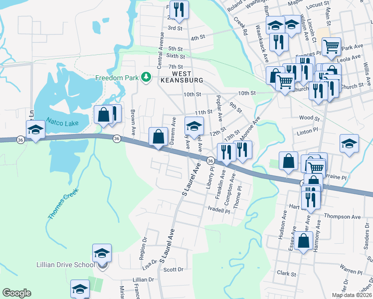 map of restaurants, bars, coffee shops, grocery stores, and more near 38 South Holly Avenue in Keansburg