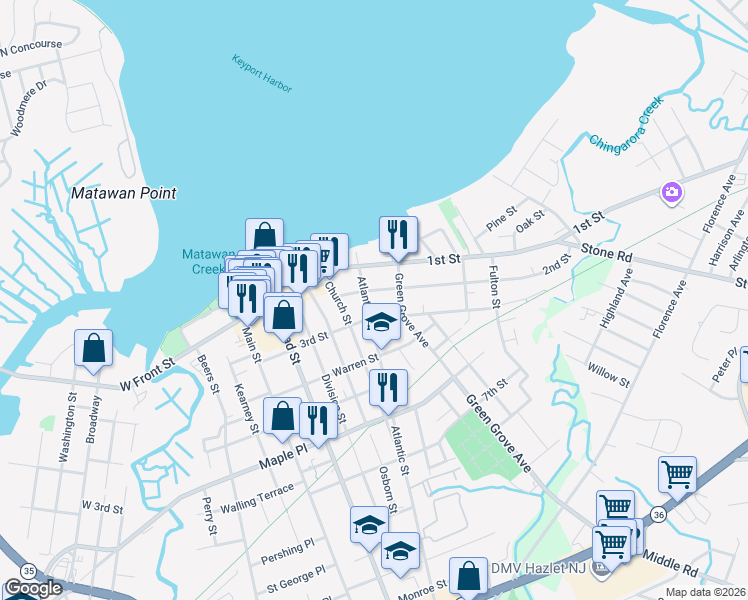 map of restaurants, bars, coffee shops, grocery stores, and more near 61 Atlantic Street in Keyport