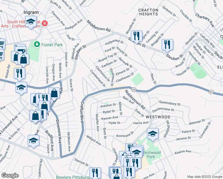 map of restaurants, bars, coffee shops, grocery stores, and more near 1433 Crafton Boulevard in Pittsburgh