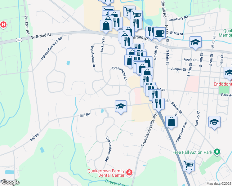 map of restaurants, bars, coffee shops, grocery stores, and more near 30 Dewsbury Lane in Quakertown