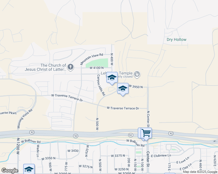 map of restaurants, bars, coffee shops, grocery stores, and more near 4051 North Maple Hollow Boulevard in Lehi