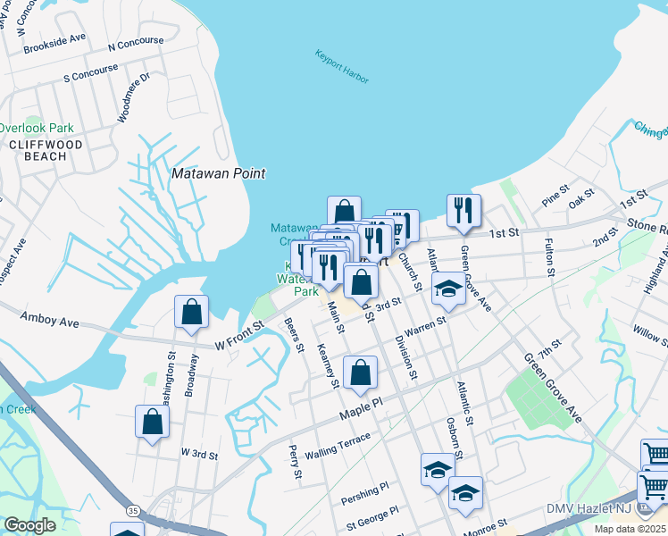 map of restaurants, bars, coffee shops, grocery stores, and more near 17 West Front Street in Keyport