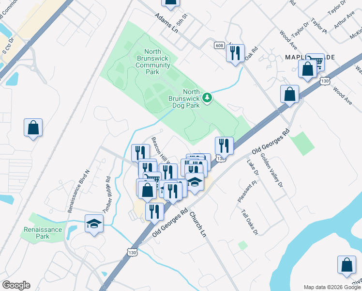 map of restaurants, bars, coffee shops, grocery stores, and more near 1300 Plymouth Road in North Brunswick Township