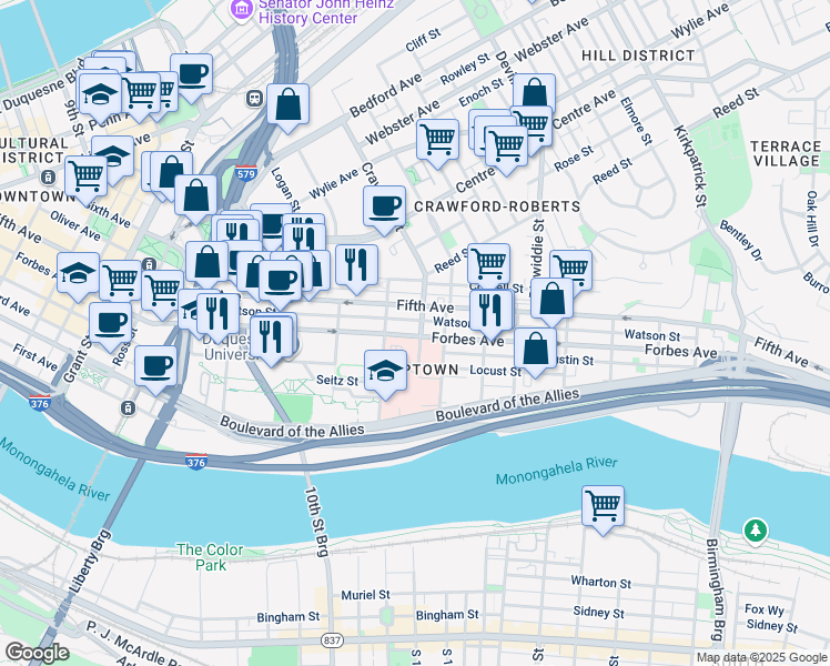 map of restaurants, bars, coffee shops, grocery stores, and more near 1425 Forbes Avenue in Pittsburgh