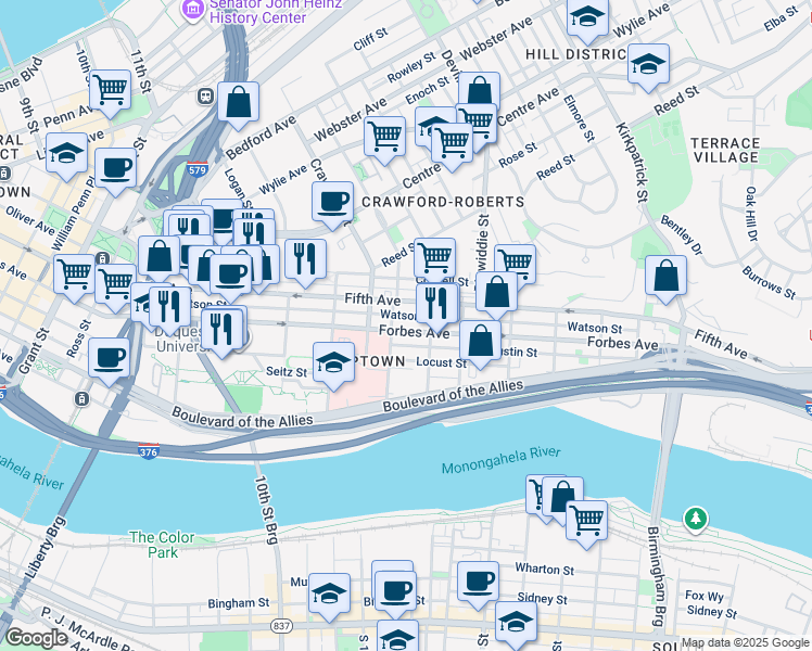 map of restaurants, bars, coffee shops, grocery stores, and more near 1627 Fifth Avenue in Pittsburgh
