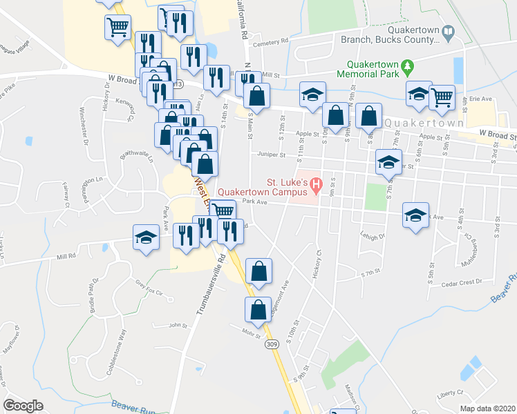 map of restaurants, bars, coffee shops, grocery stores, and more near 205 South Main Street in Quakertown