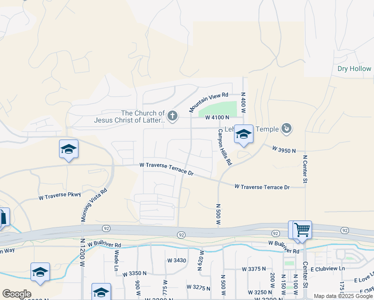 map of restaurants, bars, coffee shops, grocery stores, and more near 3953 Mountain View Road in Lehi