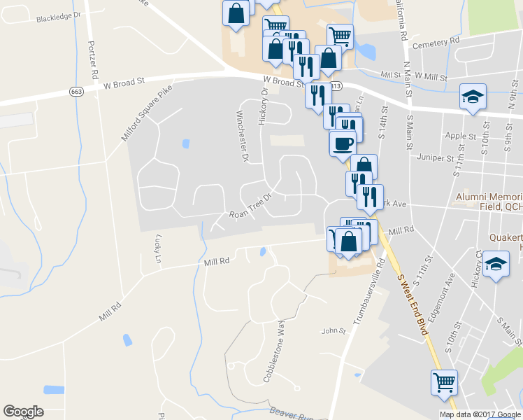 map of restaurants, bars, coffee shops, grocery stores, and more near 83 Dewsbury Lane in Quakertown