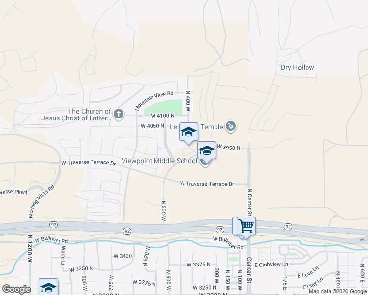 map of restaurants, bars, coffee shops, grocery stores, and more near 401 West 4050 North in Lehi