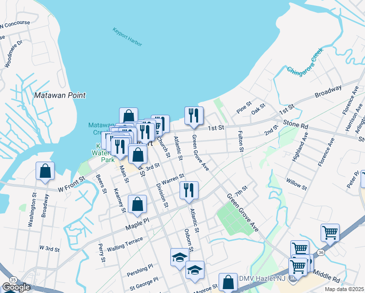 map of restaurants, bars, coffee shops, grocery stores, and more near 120 1st Street in Keyport