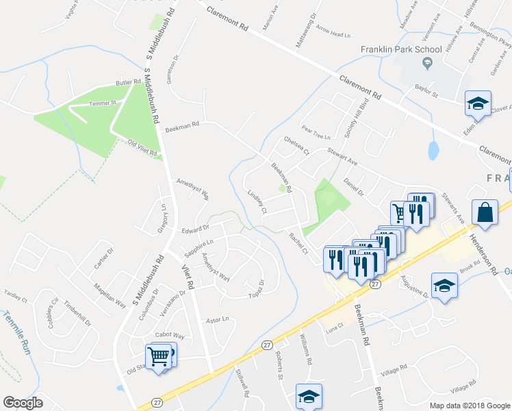 map of restaurants, bars, coffee shops, grocery stores, and more near 66 Lindsey Court in Franklin Township