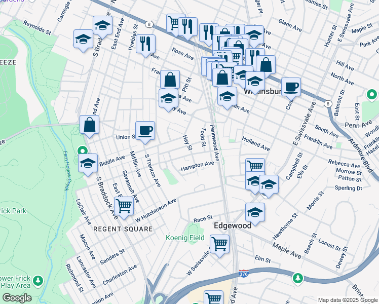 map of restaurants, bars, coffee shops, grocery stores, and more near 231 Hay Street in Pittsburgh