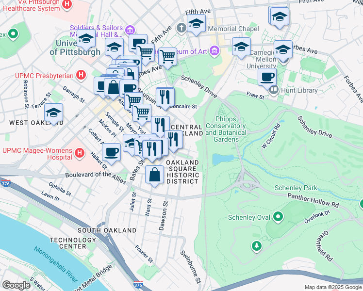 map of restaurants, bars, coffee shops, grocery stores, and more near in Pittsburgh