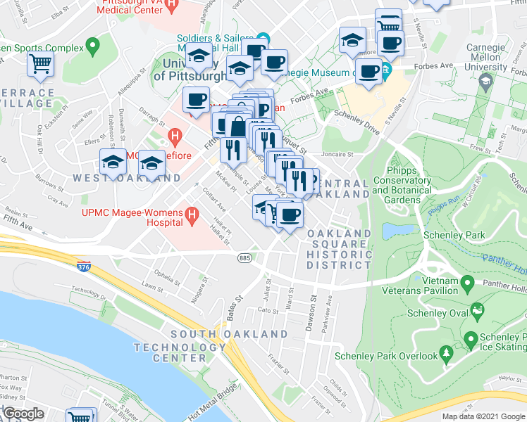 map of restaurants, bars, coffee shops, grocery stores, and more near in Pittsburgh