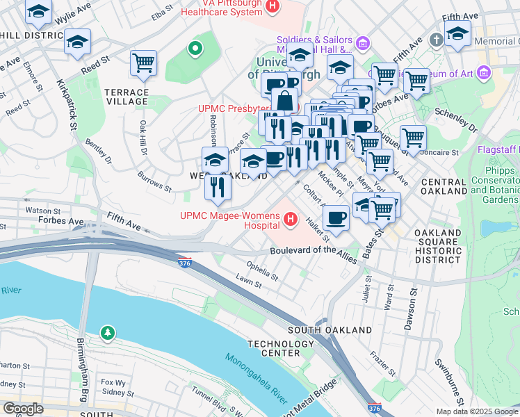 map of restaurants, bars, coffee shops, grocery stores, and more near 3311 Fifth Avenue in Pittsburgh