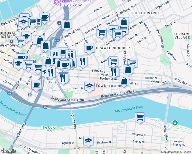 map of restaurants, bars, coffee shops, grocery stores, and more near 1410 Fifth Avenue in Pittsburgh
