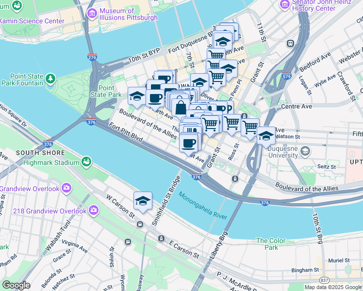 map of restaurants, bars, coffee shops, grocery stores, and more near 201 Wood Street in Pittsburgh