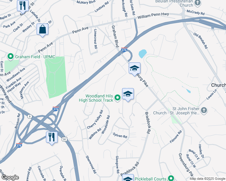 map of restaurants, bars, coffee shops, grocery stores, and more near 2499 Marbury Road in Pittsburgh