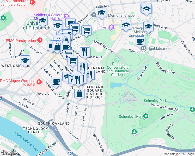 map of restaurants, bars, coffee shops, grocery stores, and more near 3725 Parkview Avenue in Pittsburgh