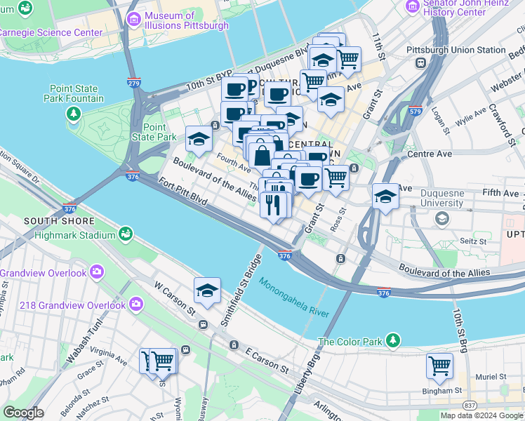 map of restaurants, bars, coffee shops, grocery stores, and more near 330 Boulevard of the Allies in Pittsburgh