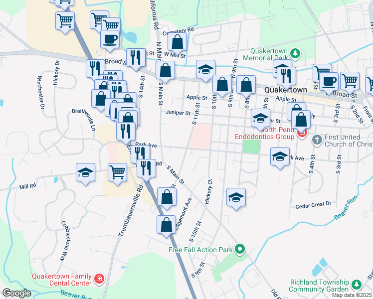 map of restaurants, bars, coffee shops, grocery stores, and more near 203 South 11th Street in Quakertown