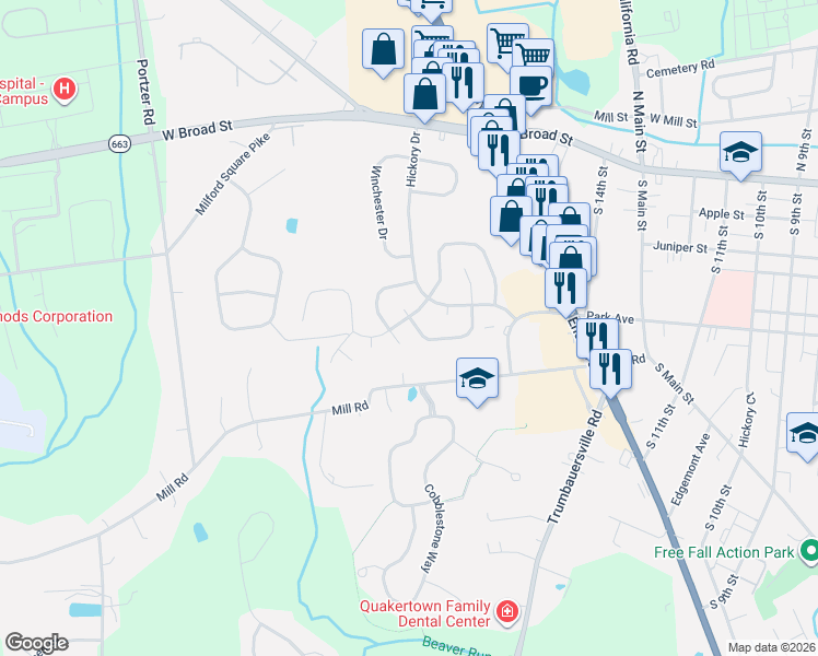 map of restaurants, bars, coffee shops, grocery stores, and more near 4 Braxton Court in Quakertown