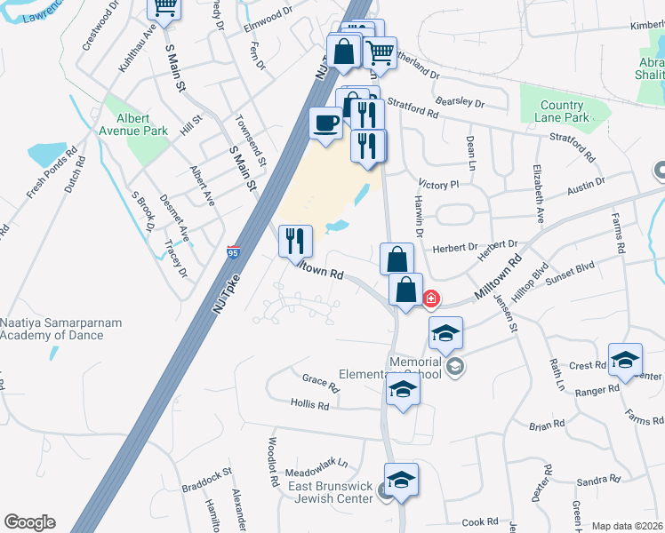map of restaurants, bars, coffee shops, grocery stores, and more near 314 Milltown Road in East Brunswick