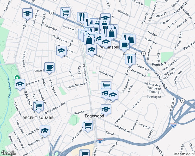 map of restaurants, bars, coffee shops, grocery stores, and more near 726 Whitney Avenue in Pittsburgh