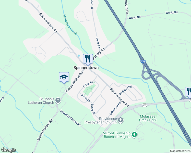 map of restaurants, bars, coffee shops, grocery stores, and more near 2062 Huber Drive in Quakertown